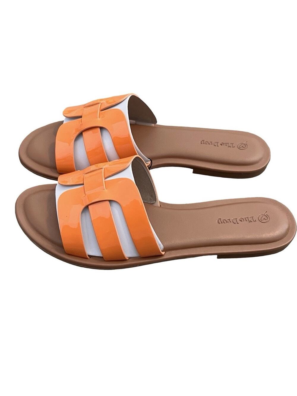 The Drop Women’s Orange H-Strap Slide Sandals Size 9 Flat Slip On Summer Shoes